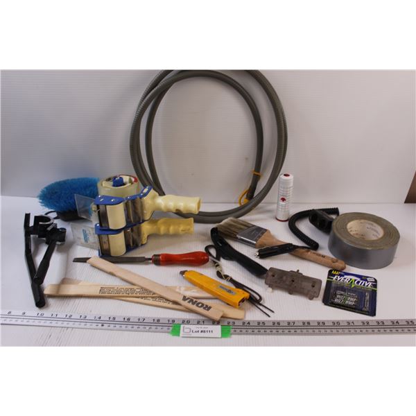 Pipe Ender, (2) Packing Tape w/ Dispenser, Shoehorns, Paint Sticks, Duct Tape, Misc.