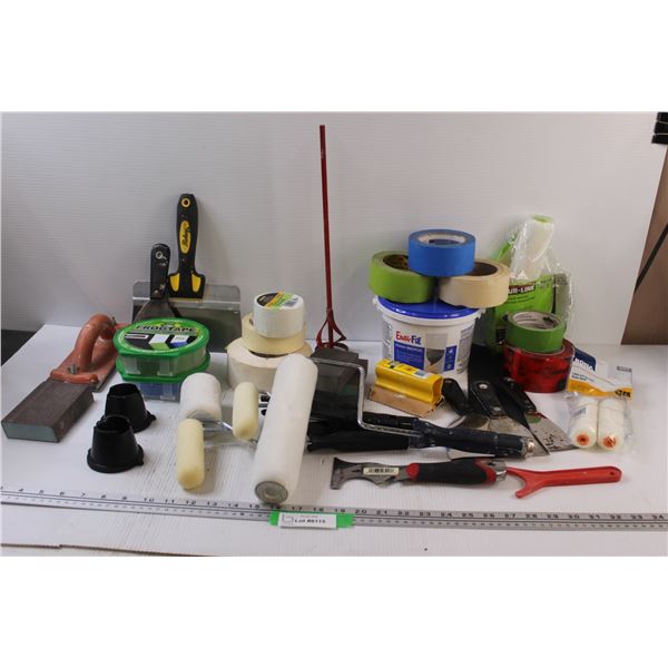 (2) Frog Tape, Assorted Paint Rollers & Scrapers, (5) Rolls of Masking Tape, Easi-Fil, Misc.