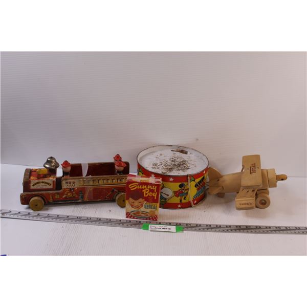 Vintage Winky -Blinky Fire Truck, Vintage Little Drummer Boy Kids Drum, Sunny Boy Decorative Cereal 