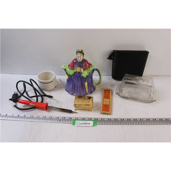 Ceramic Tea Pot - Some Wear, Soldering Iron, Japanese Jewellery Box, Glass Butter Tray Set, CD Holde