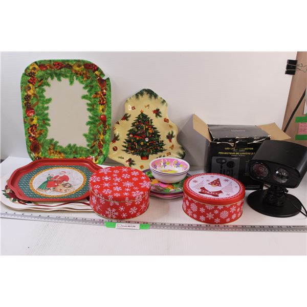 LED Light Projector - Currently Not Working, (2) Christmas Tins, Set of Christmas Trays, Dora The Ex