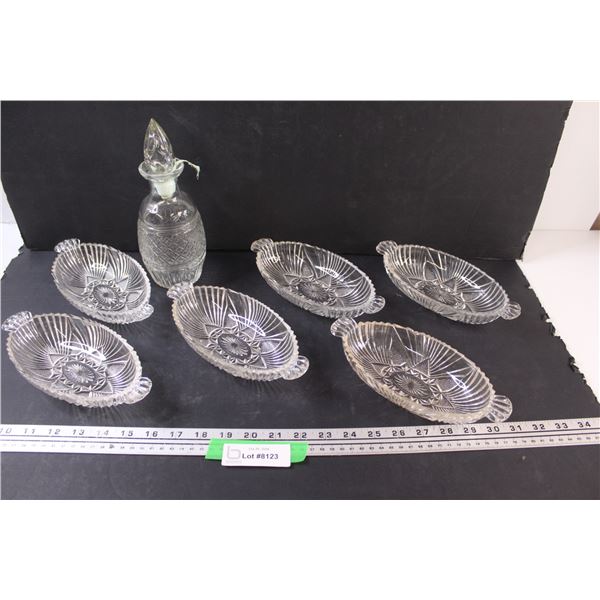 Glass Decanter & (6) Glass Serving Bowls