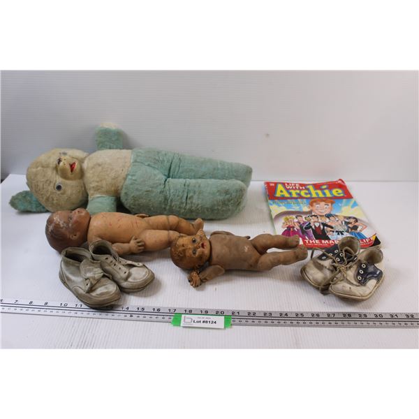 Archie Comic Book, Vintage Stuffed Teddy Bear - Some Wear, (2) Vintage Baby Dolls - Some Wear, (2) V