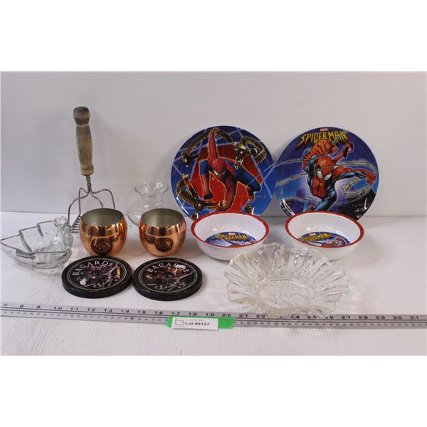 (2) Metal Cups, Potato Masher, Glass Christmas Tree Dish, Decorative Glass Bowl, (2) Sets of Spider-