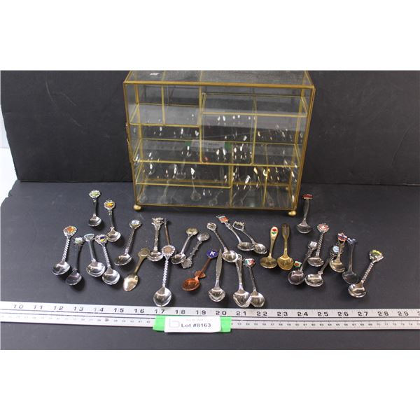 Brass, Glass Display - 10" x 8.5' x 3' & (20+) Collector Spoons