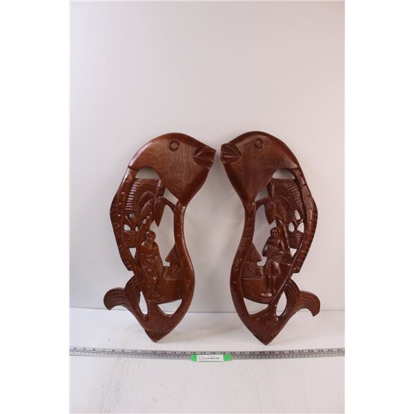 (2) 22" x 10" Wooden Fish & Indigenous Wall Decorations
