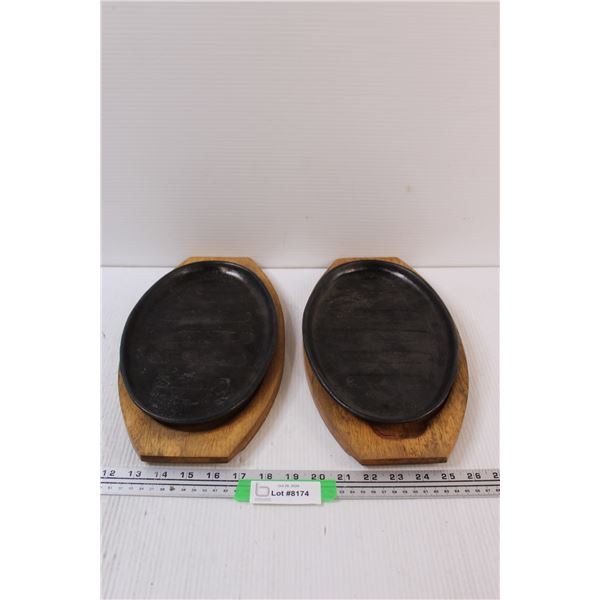 (2) Wooden & Metal Serving Trays - 14" x 7"