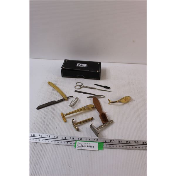 Vintage Straight Edge Razor, Razor Holders, Brush, Spring, Misc. w/ Case