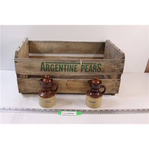 Pear Wooden Crate, Oil & Vinegar Crock Jars - Some Wear