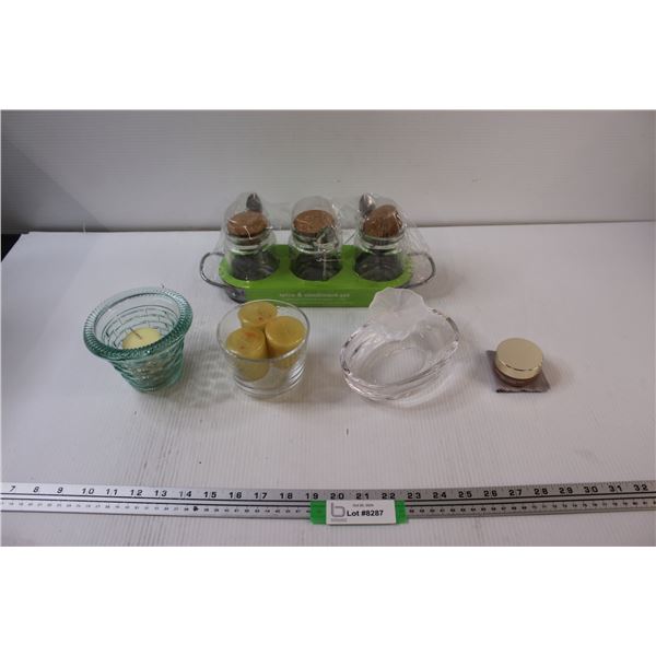(4) Candles, (3) Glass Candle Holders, Spice & Condiment Set