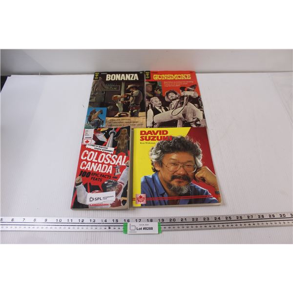 (2) Vintage Western Comic Books: Gunsmoke, Bonanza, (2) Books: David Suzuki, Canada Facts