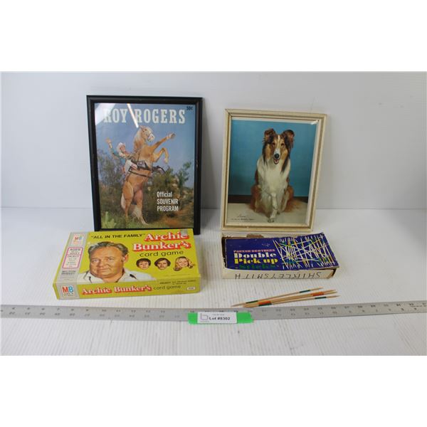 Roy Rogers Print Framed, Lassie Dog Art Framed, Double Pick Up Sticks, Archie Bunkers Card Game