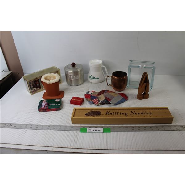 (4) Coasters, Copper Mug, Grease Canister, Wood Praying Hands
