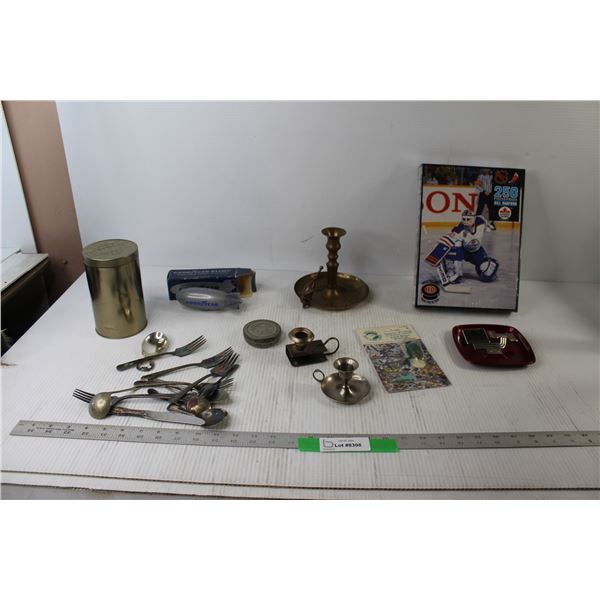 250 Piece Hockey Puzzle, Brass Bird Call, (3) Candle Holders, Silverware, Goodyear Blimp Everest Aft