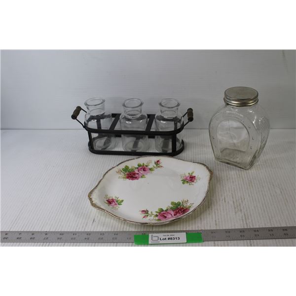 Decorative Plate, Jar, Jar Tray with (3) Jars