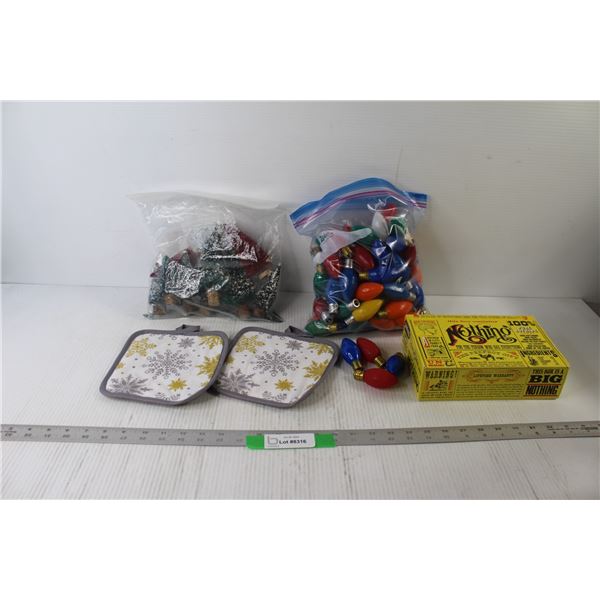 Christmas Light Bulbs, Box Of Nothing, Small Christmas Tree Decorations, (2) Oven Mats