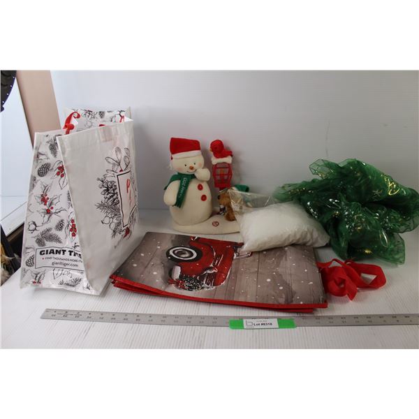 (2) Christmas Gift Bags, Fake Snow, Snowman Singing Decoration