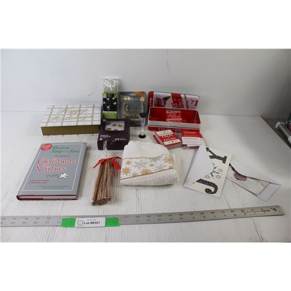 Christmas True Of False - As Is, (2) Christmas Cards, Lights, Book Storage Container, The Book Of Ch