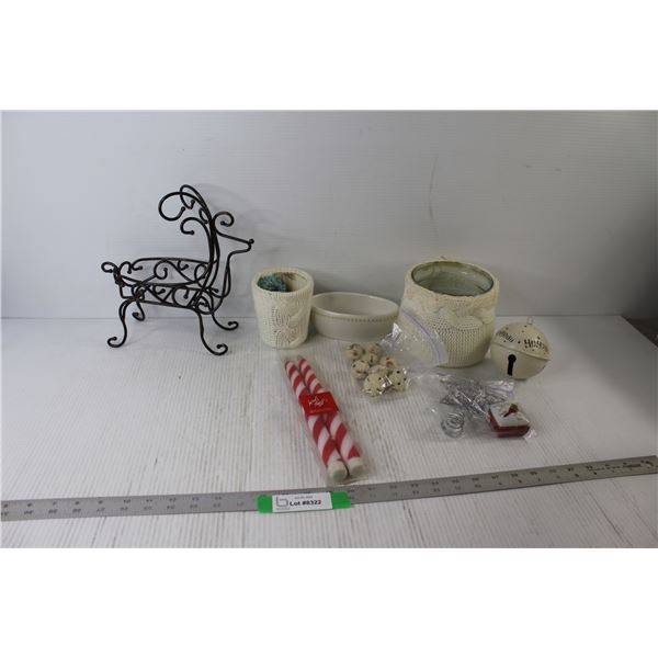 Small Bells and Big Bell, Jar, Wire Reindeer Tray, (2) LED Taper Candles