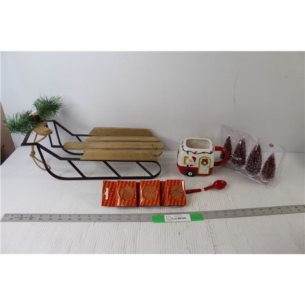 Sled Decoration, Mug And Broken Spoon, (4) Small Artificial Trees, (3) Stamps