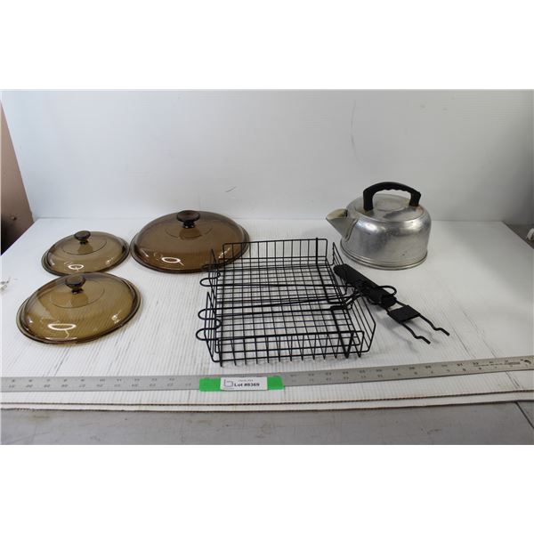 (3) Pot Lids, Kettle, Drying Rack