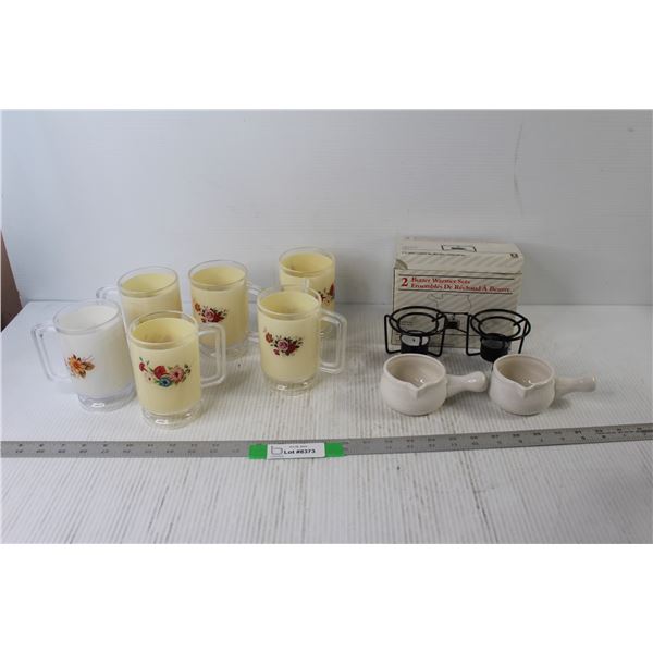 (6) Mugs, (2) Butter Warmer Sets