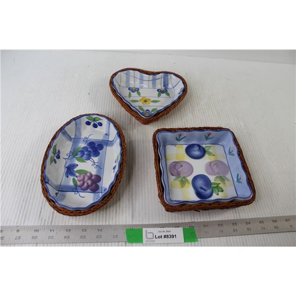 (3) Wicker Trays With Porcelain Trays