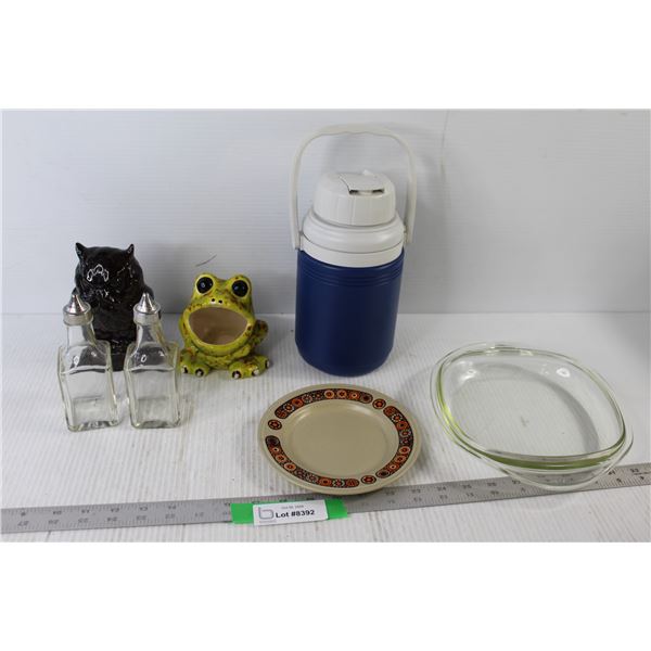 Thermos, Owl Decoration, Frog Decoration, (2) Vinegar Bottles, Plate, Pyrex Glass Dish