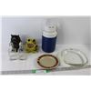 Image 1 : Thermos, Owl Decoration, Frog Decoration, (2) Vinegar Bottles, Plate, Pyrex Glass Dish