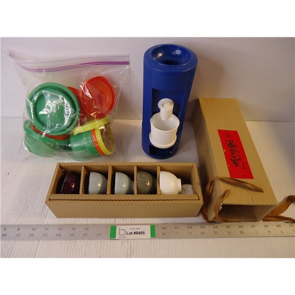 Ceramic Tea Cup Set, Small Dispenser and Bag of Small Plastic Containers