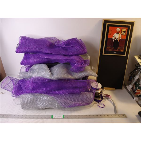Several Rolls of Purple and Silver Mesh Fabric,(8) Rolls of Ribbon and Kitchen Art Memo Board