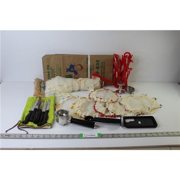 (8) Doilies, (6) Steak Knives with Tote, Chenille Runner, Laundry Hanger, Espresso Tool, Eco Bags (N