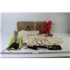 Image 1 : (8) Doilies, (6) Steak Knives with Tote, Chenille Runner, Laundry Hanger, Espresso Tool, Eco Bags (N