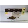 Image 1 : (3) Wall Art Signs (1 Wood, 2 Canvas), Black n Decker Can Opener (Powers on), Metal Leaf Ash Tray