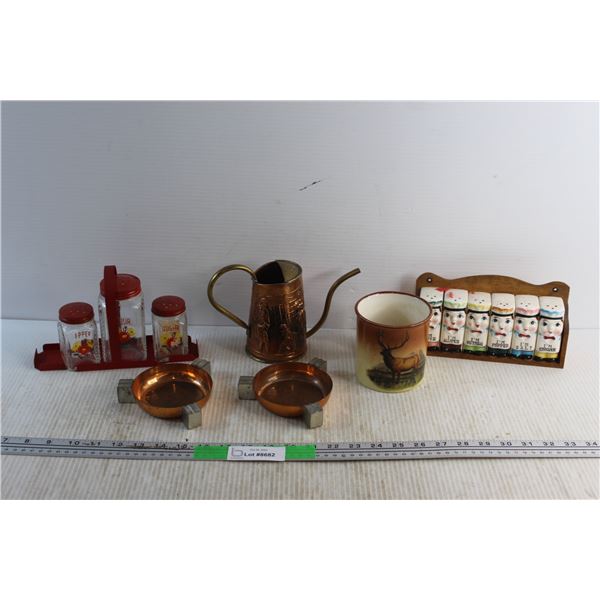 Copper Ash Trays, Watering Can, Salt & Pepper Shakers and Ceramic Banff Mug, I'm Spice Rack