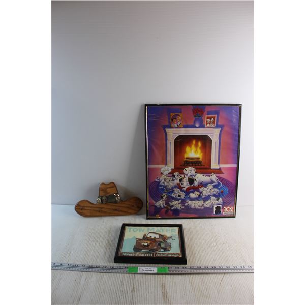 Wooden Coat Rack and Framed Prints - 101 Dalmatians and Tow Mater 20'' x 16'' & 10'' x 8''