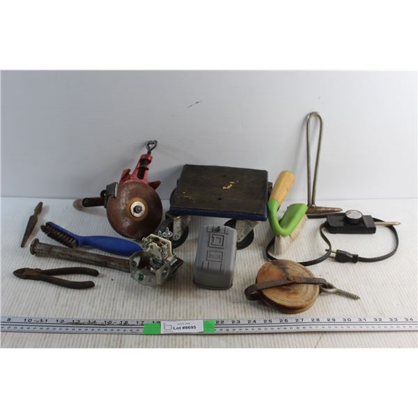Metal Brush, Chisels, Dolly Electrical Components, Wire Cutters and Assorted Items