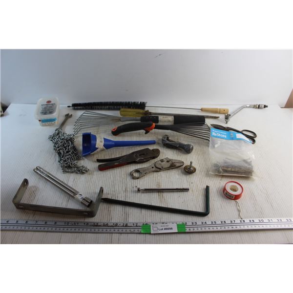 Telescopic Magnet, Garden Rakes, Screwdriver, Wrenches, Nails, Screws and Assorted Items