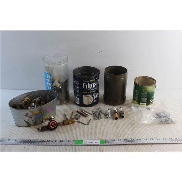 Spark Plugs, Tins, Propane Gauge and Assorted Hardware - Nails, Screws & Misc.