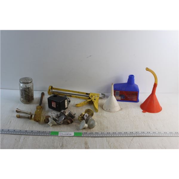 Funnels, Caulking Gun, Screwdriver, Electric Component and Hardware