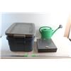 Image 1 : (2) Medium Rubbermaid Totes, Cash Drawer and Plant Watering Can