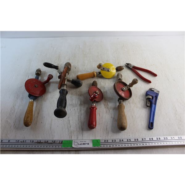 (5) Vintage Hand Drills, Wire Cutters and Plumber's Wrench