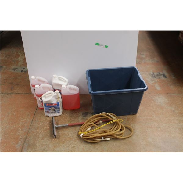 *String Lights - Tested, Squeegee, Large Plastic Tote and (5) Anti Freeze  Washer Fluid Jugs - Seale