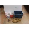 Image 1 : *String Lights - Tested, Squeegee, Large Plastic Tote and (5) Anti Freeze  Washer Fluid Jugs - Seale