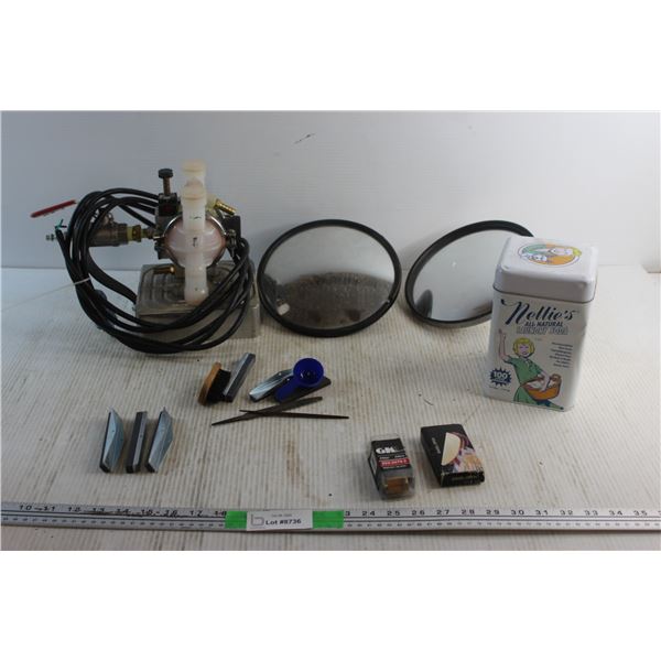 Electric Water Pump - As Is, Honing Disk, Metal Files, (2) Mirrors and Assorted Items