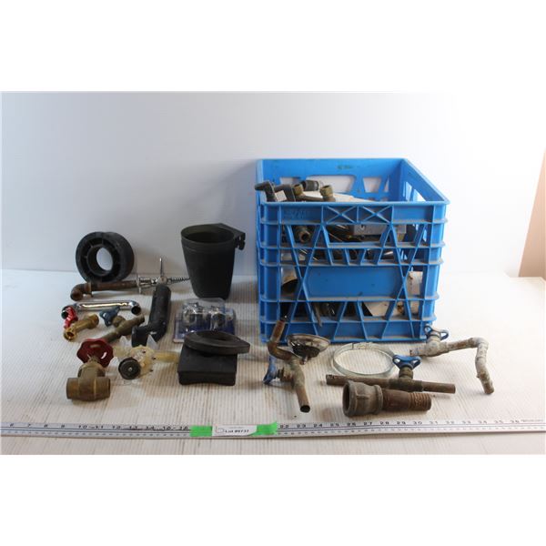 Assorted Plumbing Supplies and Plastic Crate