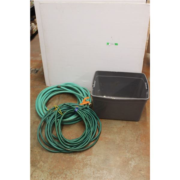 * Large Plastic Tote and (2) Garden Hoses - Length Unknown