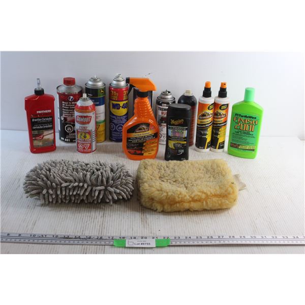 (13) Automotive Sprays and Liquids - WD40, Cleaner Wax & Glass Cleaner and (2) Mops