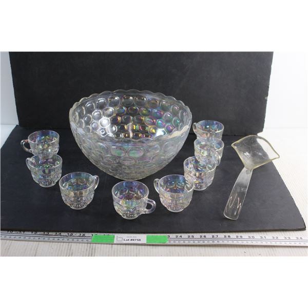 Glass  Iridescent Thumbprint Punch Bowl, (8) Matching Glass Cups and Ladle