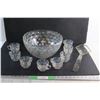 Image 1 : Glass  Iridescent Thumbprint Punch Bowl, (8) Matching Glass Cups and Ladle